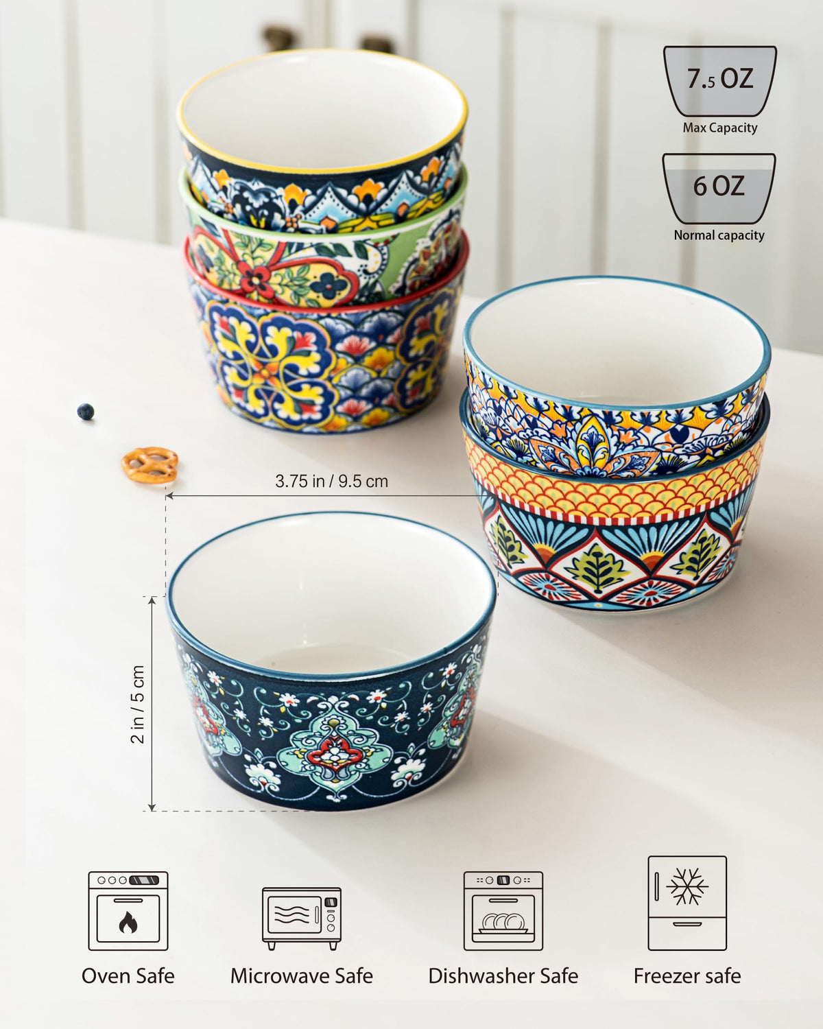 HENXFEN LEAD 6 oz ramekins for soufflé with vibrant bohemian patterns.
