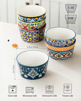 HENXFEN LEAD 6 oz ramekins for soufflé with vibrant bohemian patterns.
