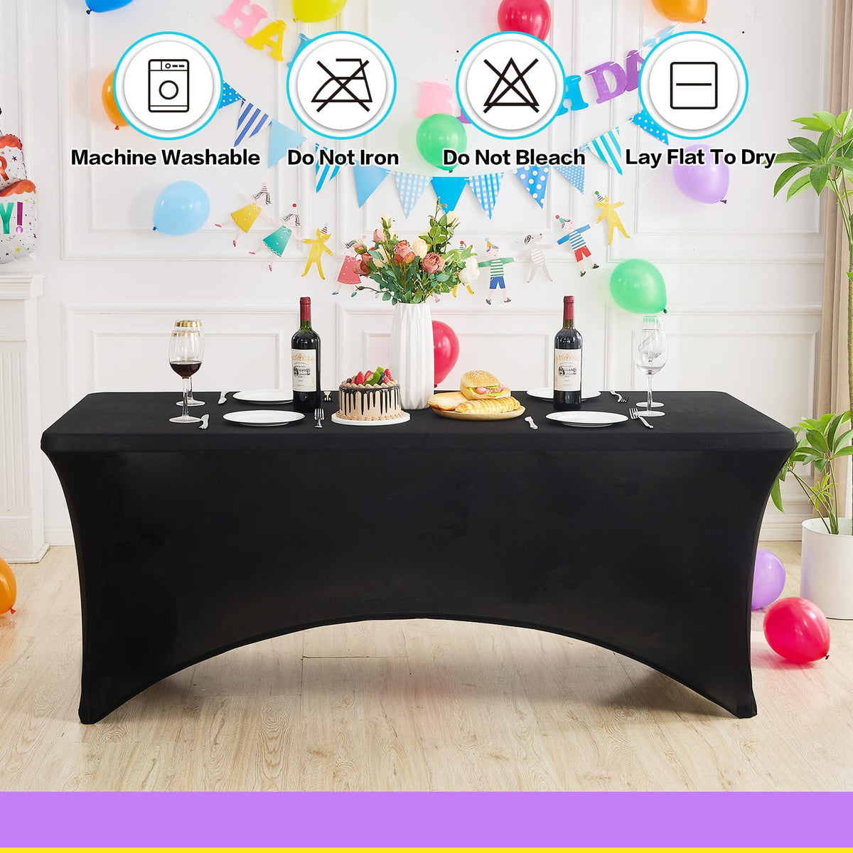 Heochy stretched-fit tablecloth with pockets for secure table coverage.