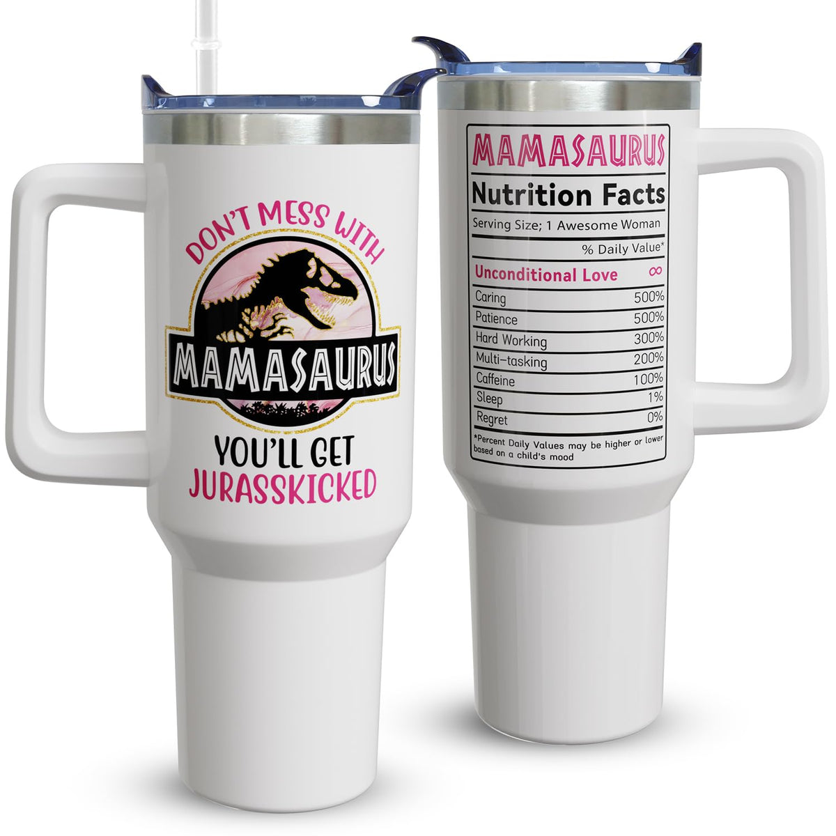 Heqianco Mamasaurus 40oz tumbler with handle for on-the-go hydration
