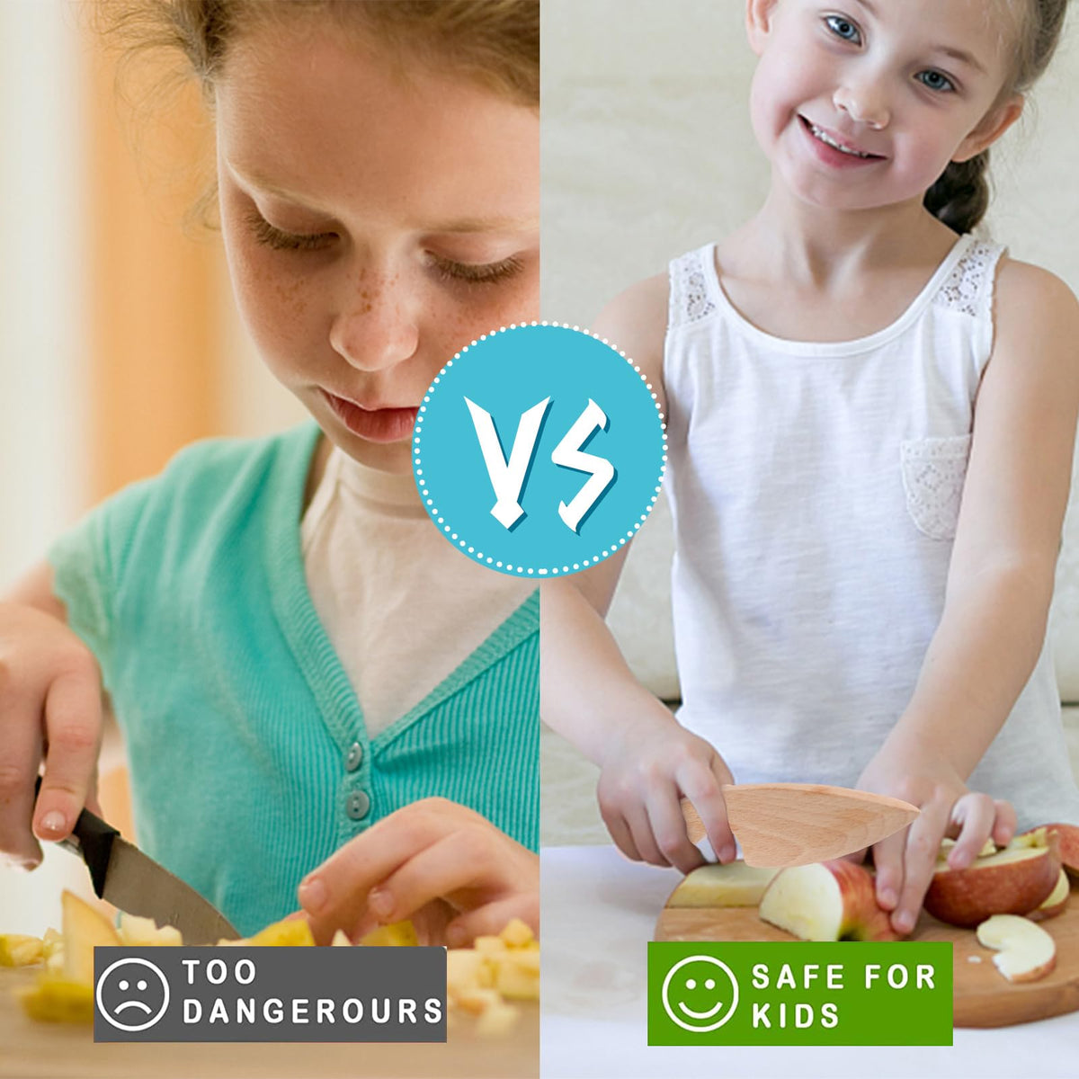 HEQU wooden cutting board for kids, ideal for safe vegetable prep.