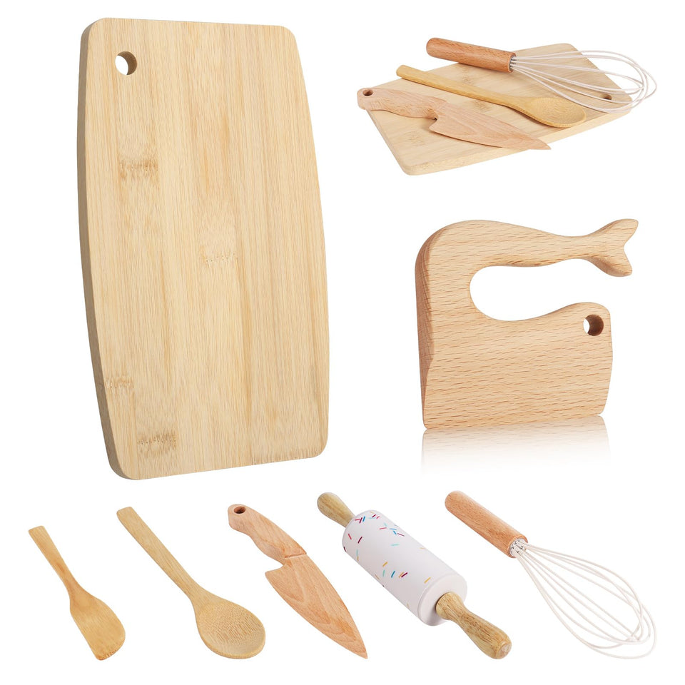 HEQU wooden kids knife set main display, durable and kid-friendly for real cooking.