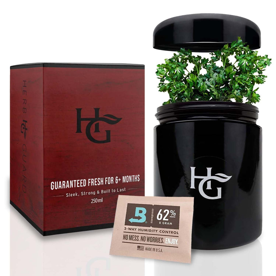 Herb Guard 250 ml jar with airtight seal preserves freshness for months.