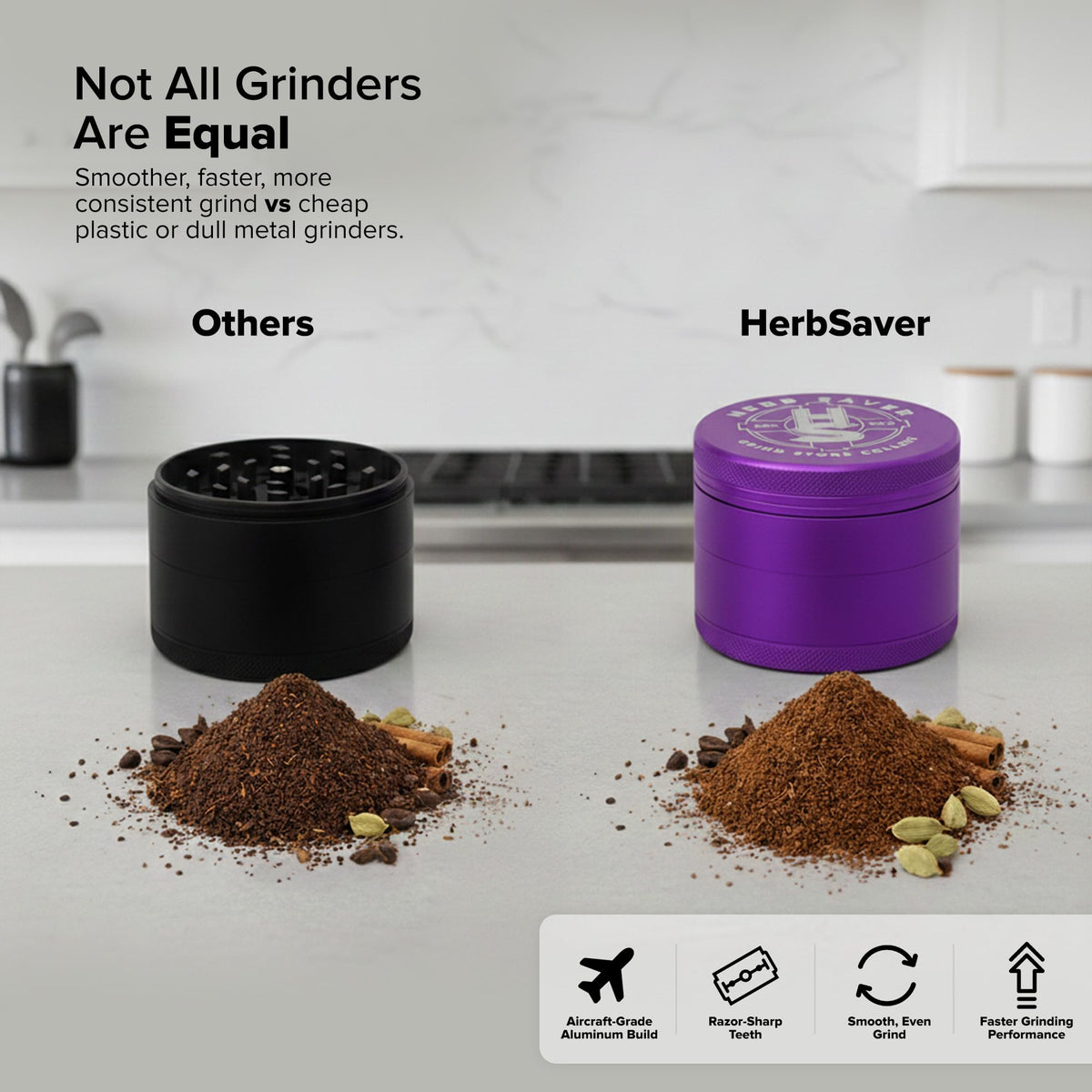 HerbSaver purple matte finish grinder held in hand for daily seasoning.