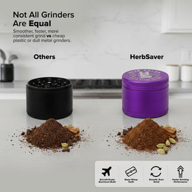 HerbSaver purple matte finish grinder held in hand for daily seasoning.