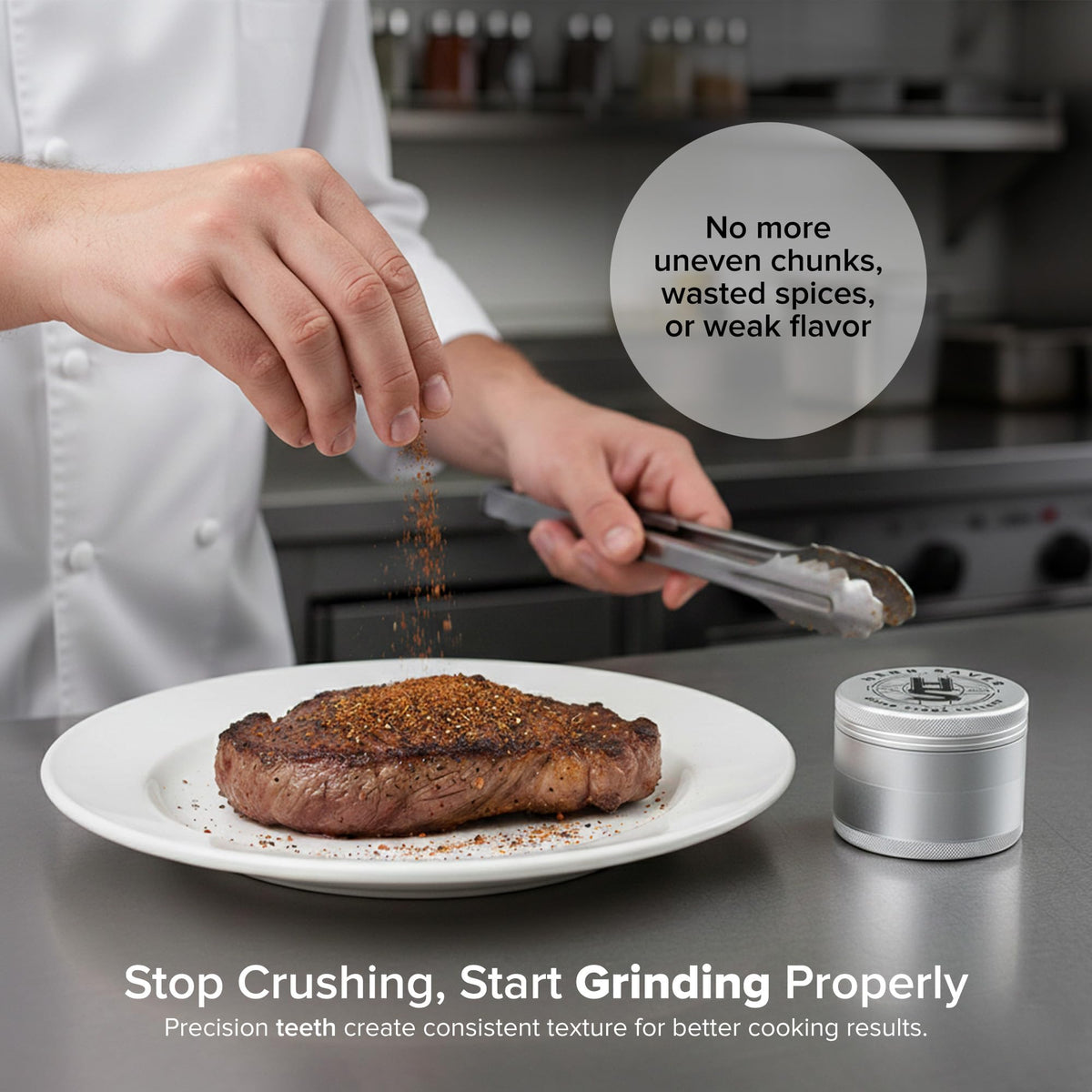 Sharp precision teeth enable even texture for spices and seasonings.