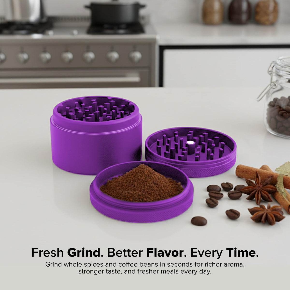 HerbSaver grinder magnetic lid demonstrates spill-free grinding during use.