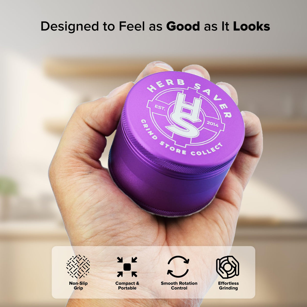 HerbSaver grinder stored neatly on a kitchen shelf after use.