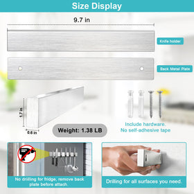 Hereof satin finish knife strip on wall protects blades and complements modern kitchens.