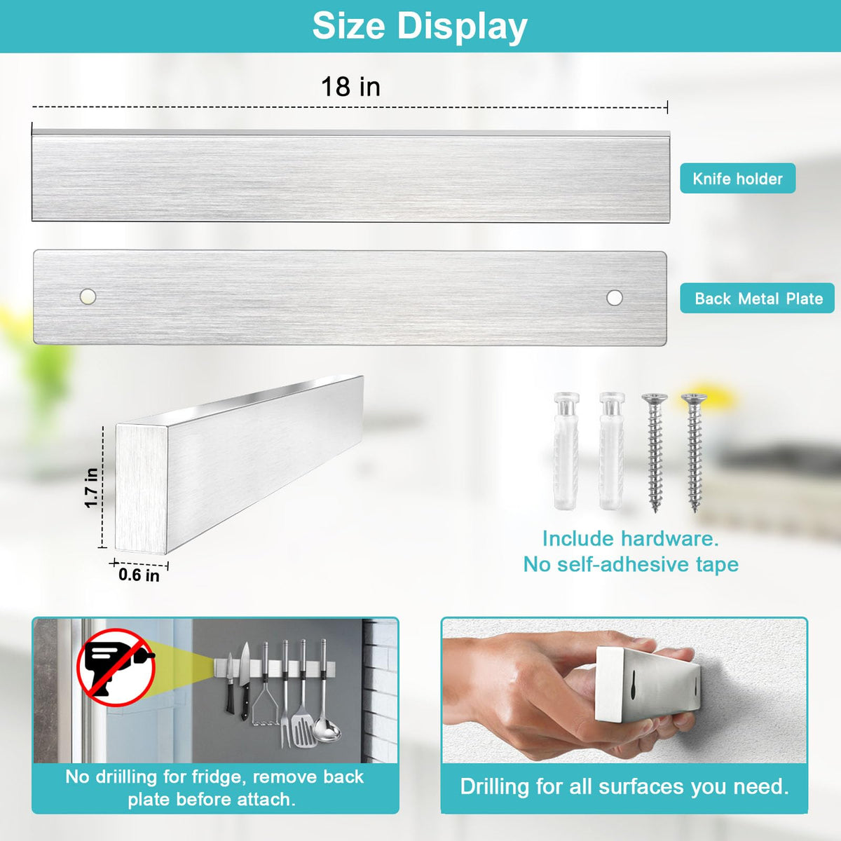 Hereof knife strip shows 11 lb capacity for knives, tongs, and utensils.
