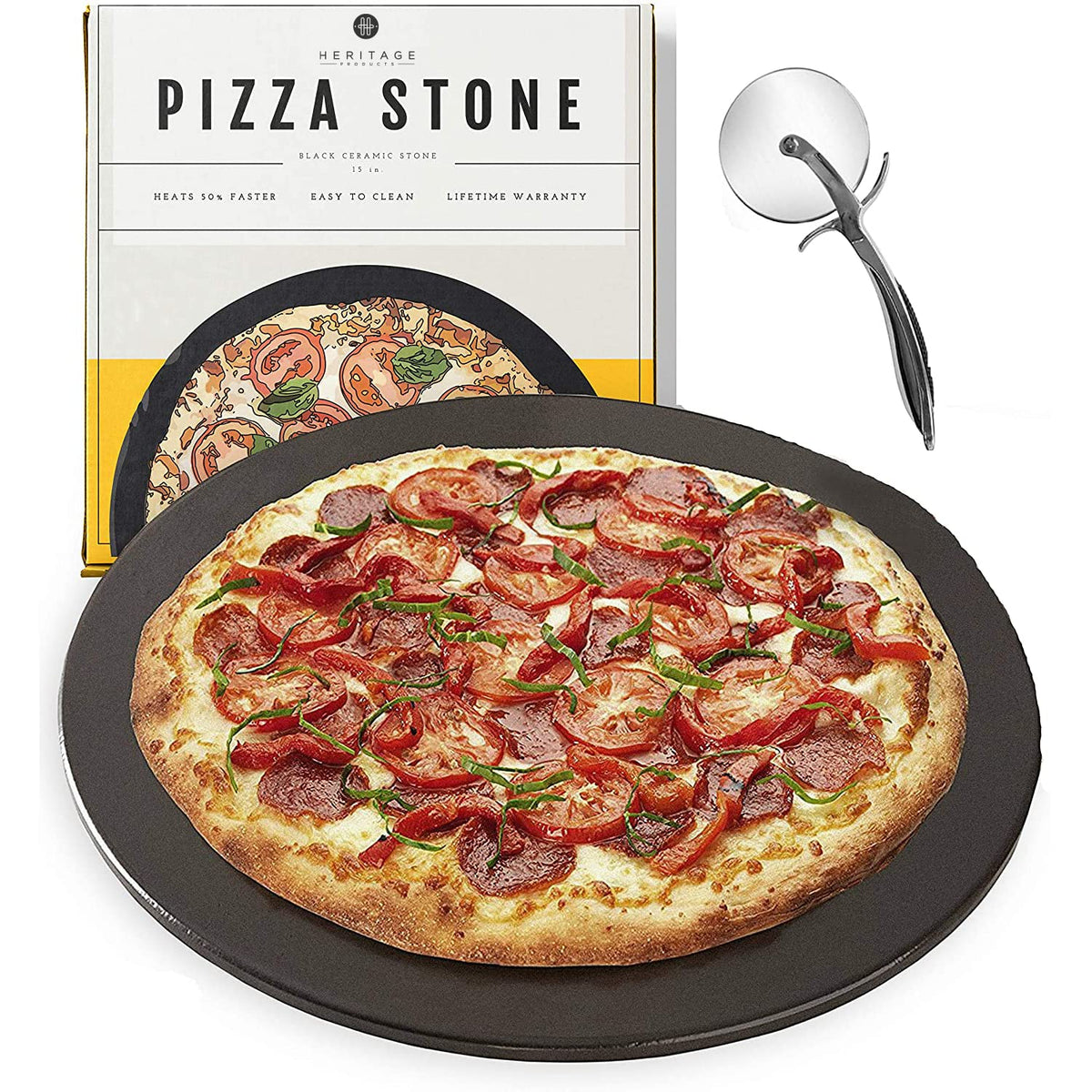 Heritage pizza stone set, 15-inch ceramic surface, non-stick for easy pizza crafting.