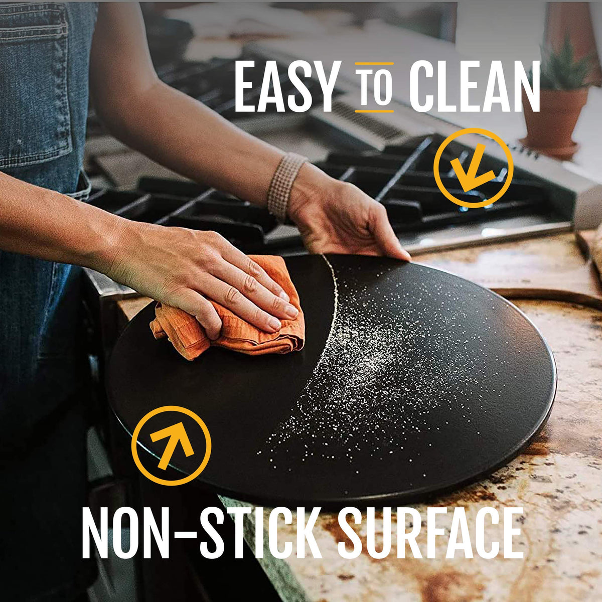 Heritage ceramic stone safe for oven and grill cooking and versatile use.