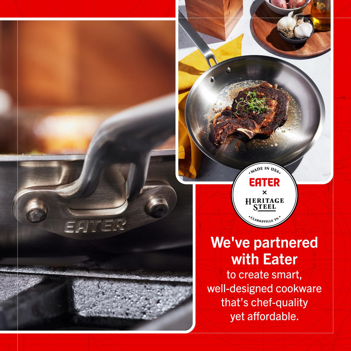 Heritage Steel Eater Series 12-inch pan handle close-up highlighting stay-cool design.