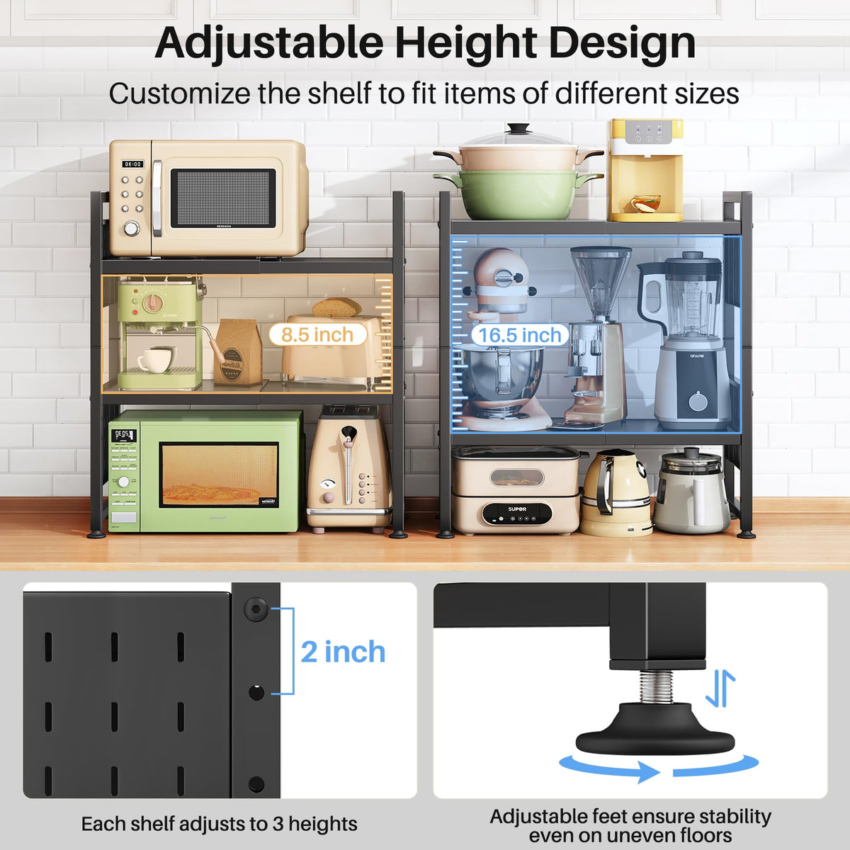 HERJOY 3-tier rack with adjustable heights for tall microwaves.