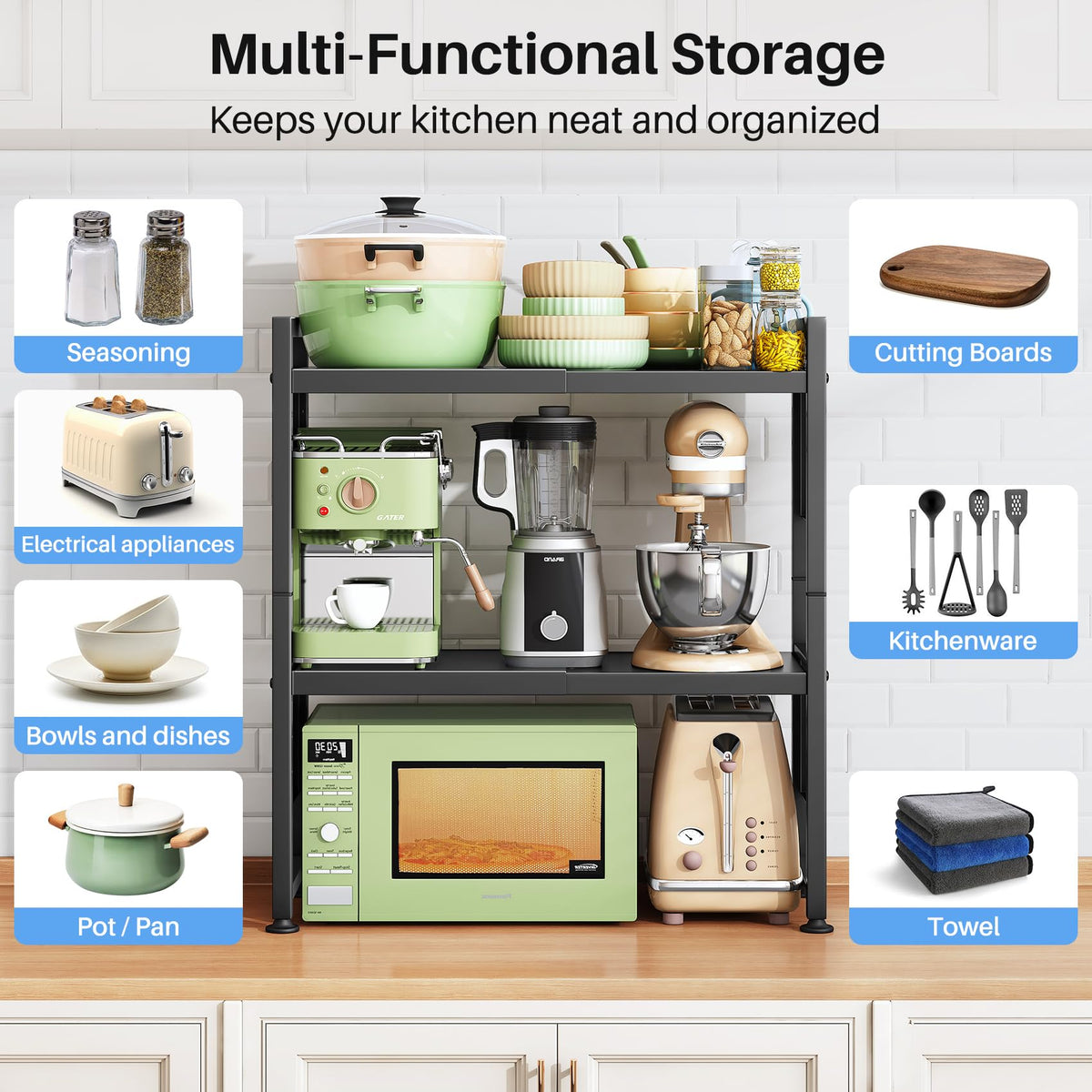 HERJOY eight hooks and two holders organize utensils and towels.