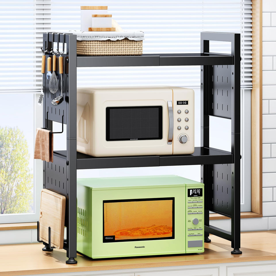 HERJOY expandable microwave stand in full view highlighting sturdy kitchen storage.