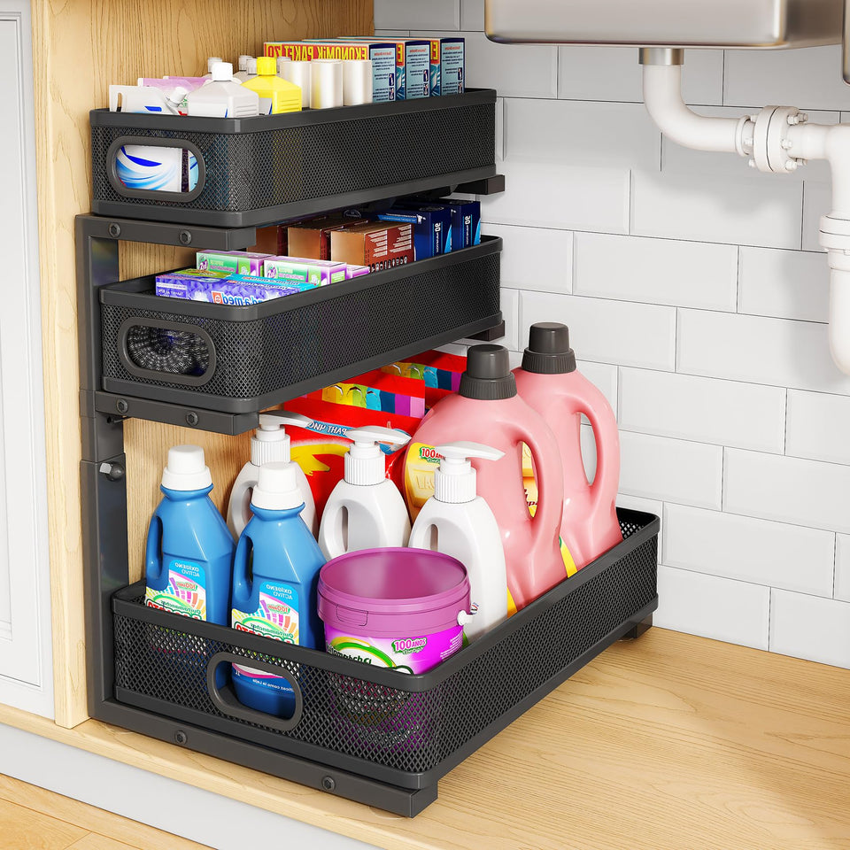 HERJOY Under Sink Organizer, 3-tier sliding for easy access and visibility.