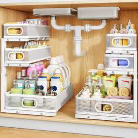 HERJOY under sink organizer with a three-tier sliding system for easy access