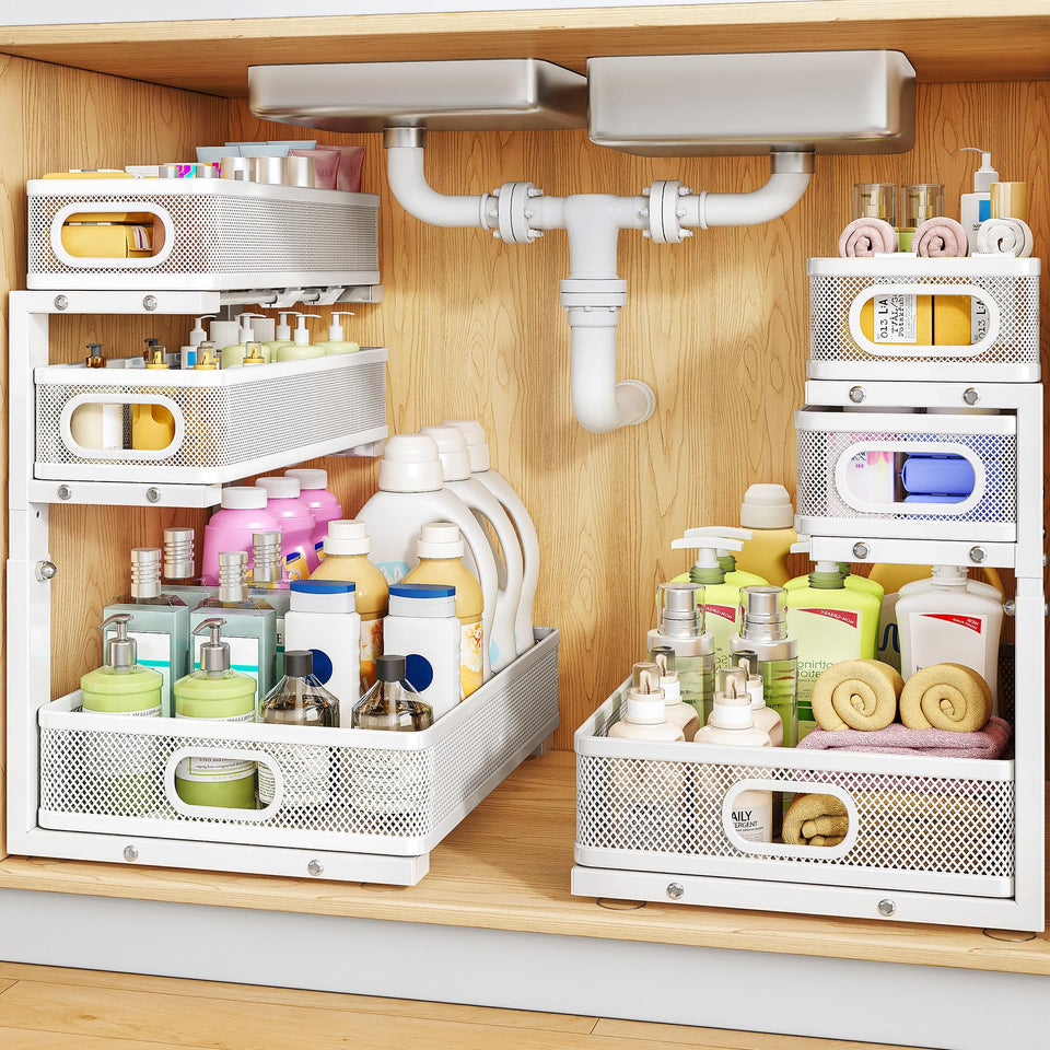 HERJOY under sink organizer with a three-tier sliding system for easy access