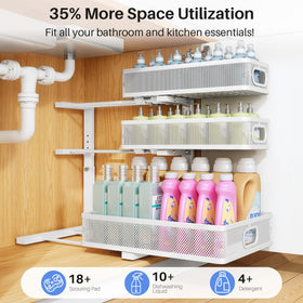 Height-adjustable shelves fit tall bottles and compact containers