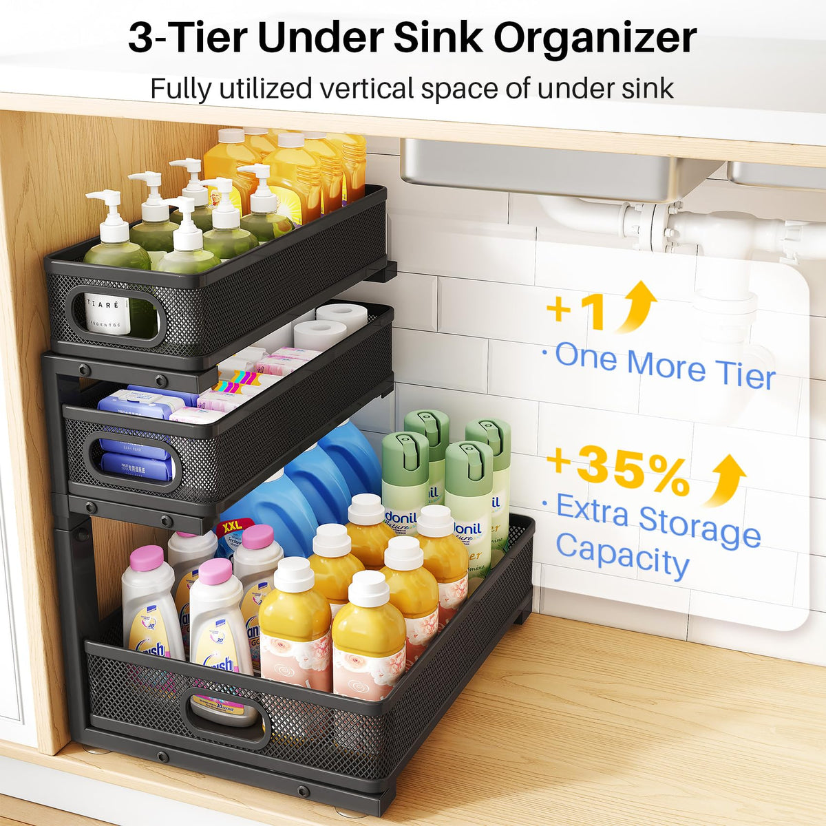 HERJOY thicker steel frame delivers durable, wobble-free under-sink storage.