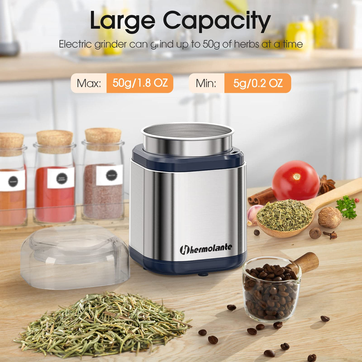 Hermolante grinder in use, efficiently grinding herbs and spices.