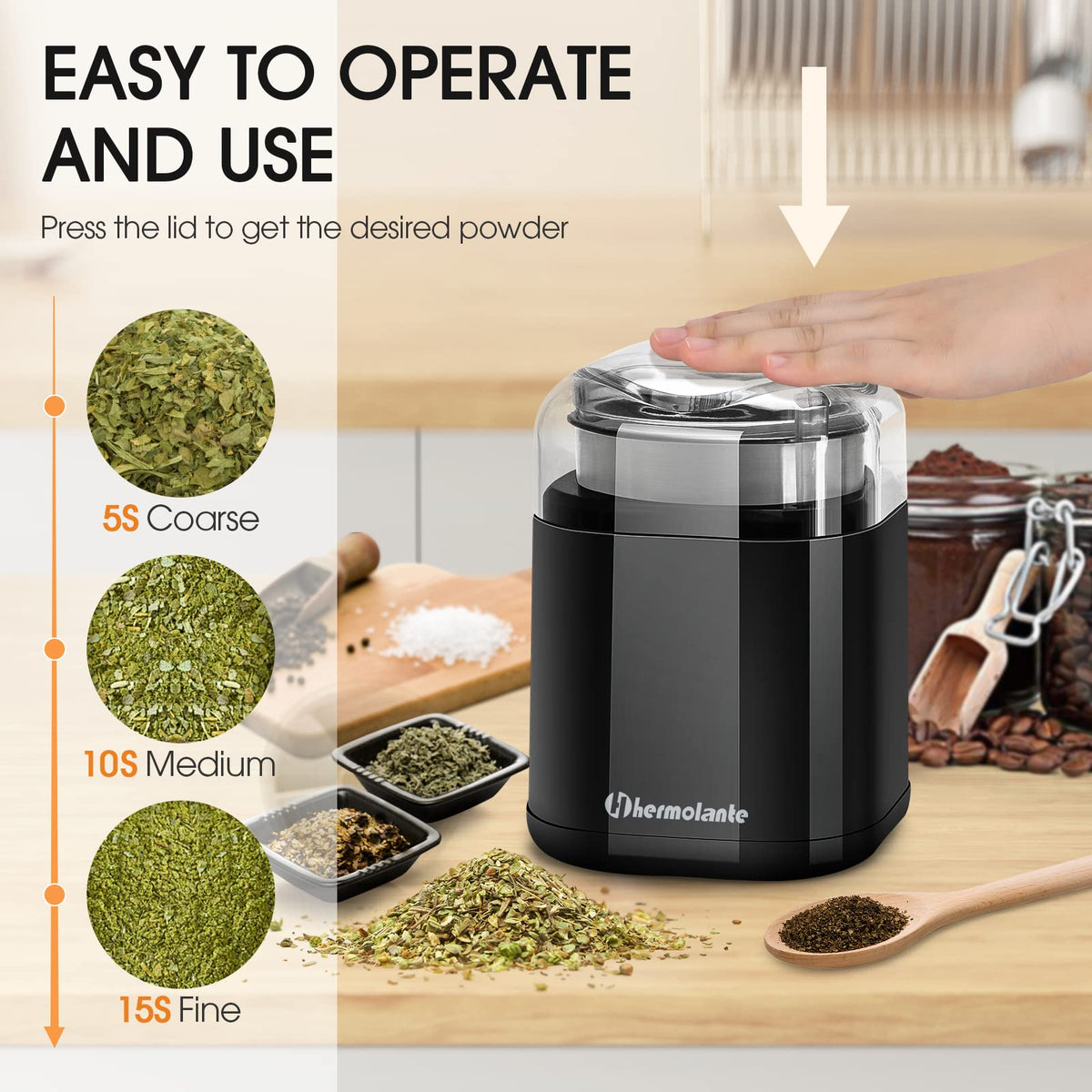 Hermolante herb grinder lid press action showing safe one-hand operation