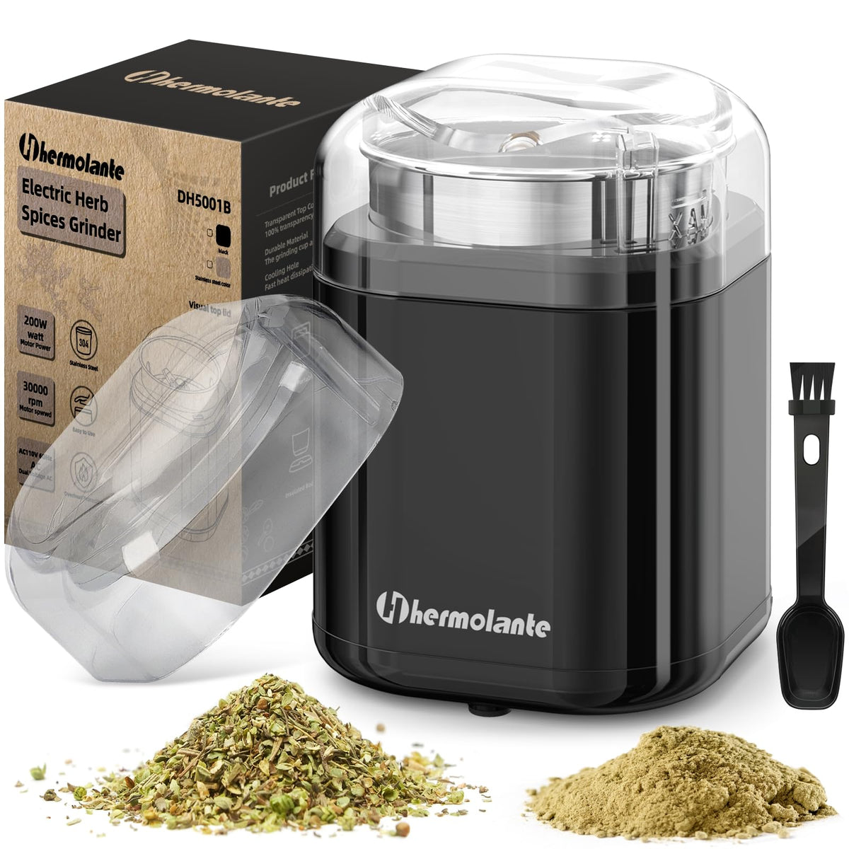 Hermolante herb grinder motor inside view highlighting powerful 200W performance
