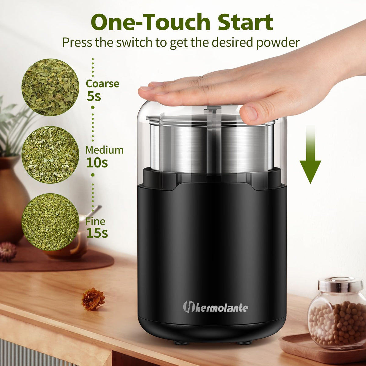 Hermolante spice grinder stainless blade for precise grinding.
