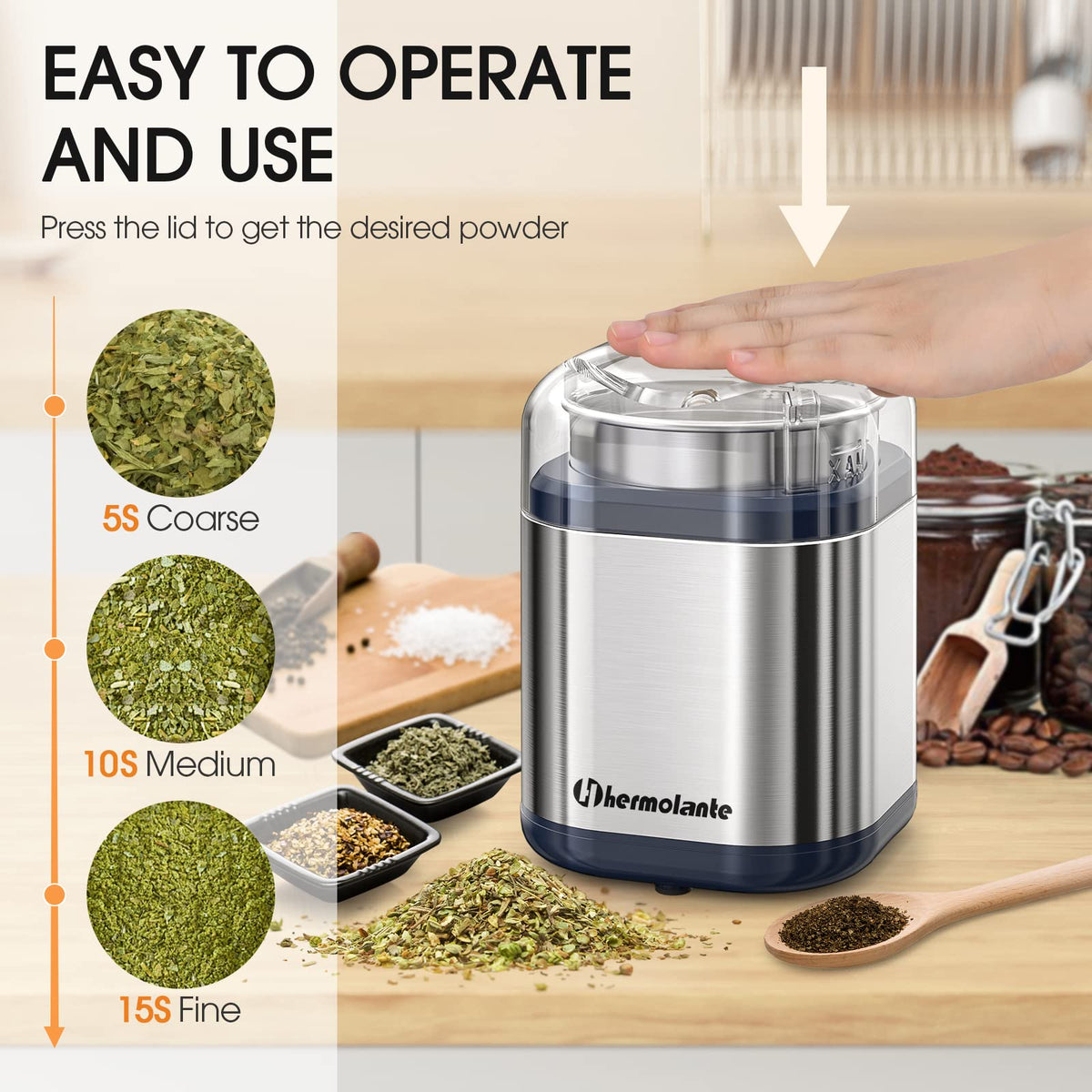 Hermolante spice grinder top view showing safe, controlled operation.