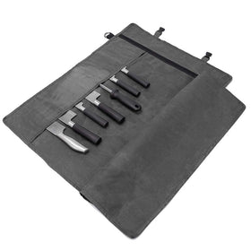 HERSENT Chef's Knife Roll Bag open showing organized sleeves for blades and tools.