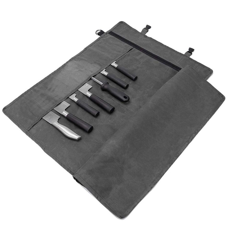 HERSENT Chef's Knife Roll Bag open showing organized sleeves for blades and tools.