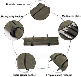 HERSENT knife roll bag with knife sleeves and utensils ready for travel.