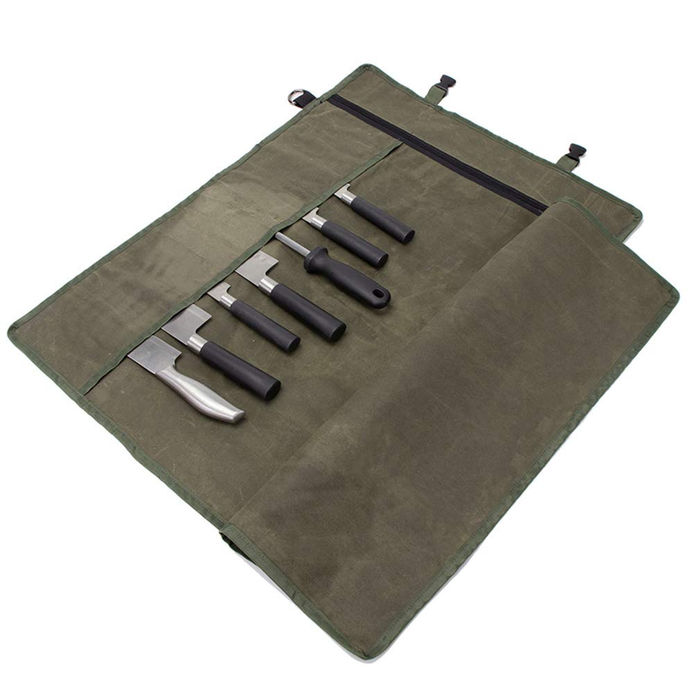 HERSENT knife roll bag open showing 11 knife sleeves for organized kitchen tools.