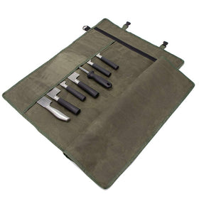 HERSENT knife roll bag open showing 11 knife sleeves for organized kitchen tools.