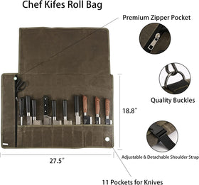 HERSENT knife roll bag rolled with buckles for secure portable transport.
