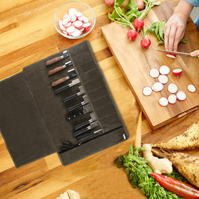 HERSENT knife roll bag opened to reveal spacious interior.