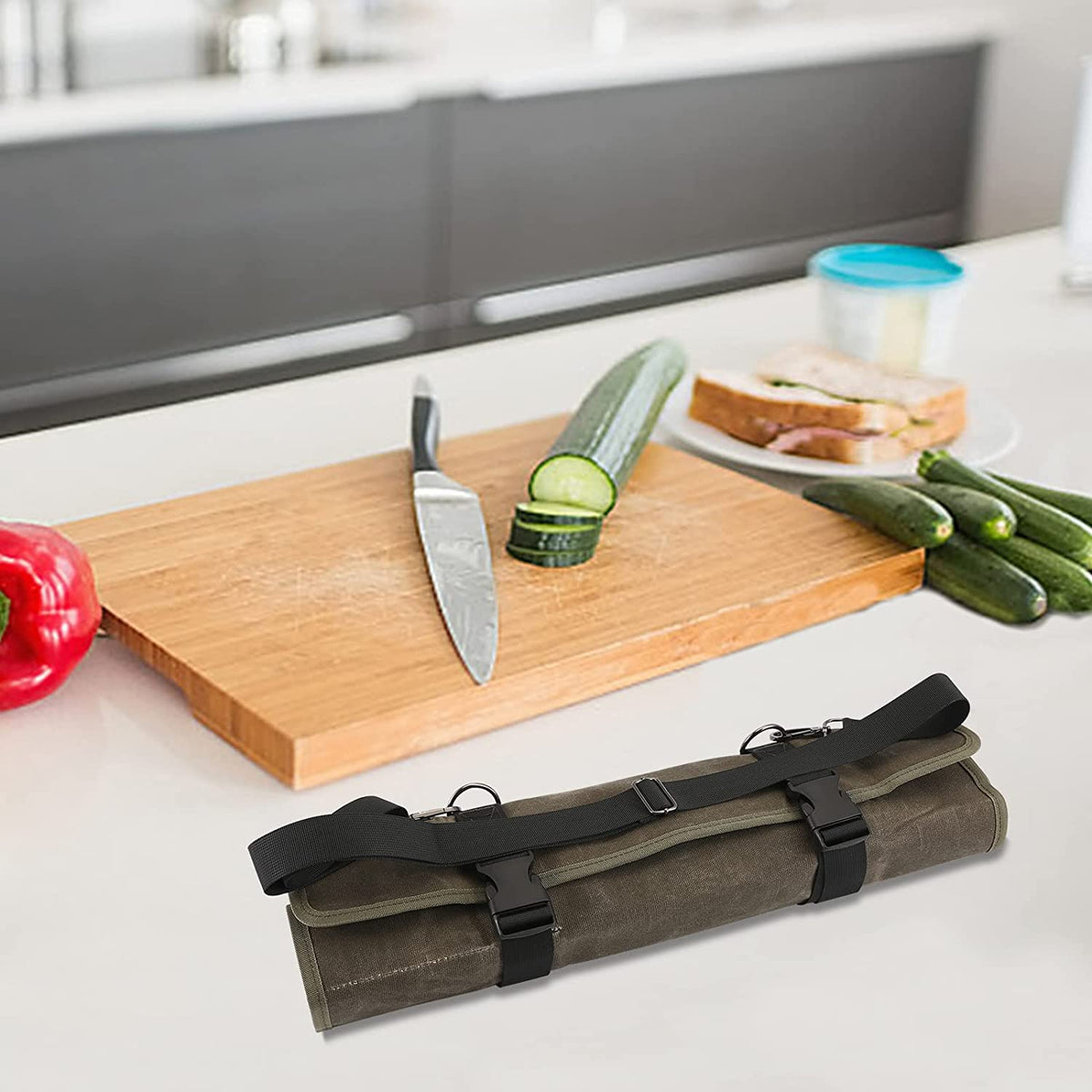 HERSENT travel ready knife case with compact side pocket.