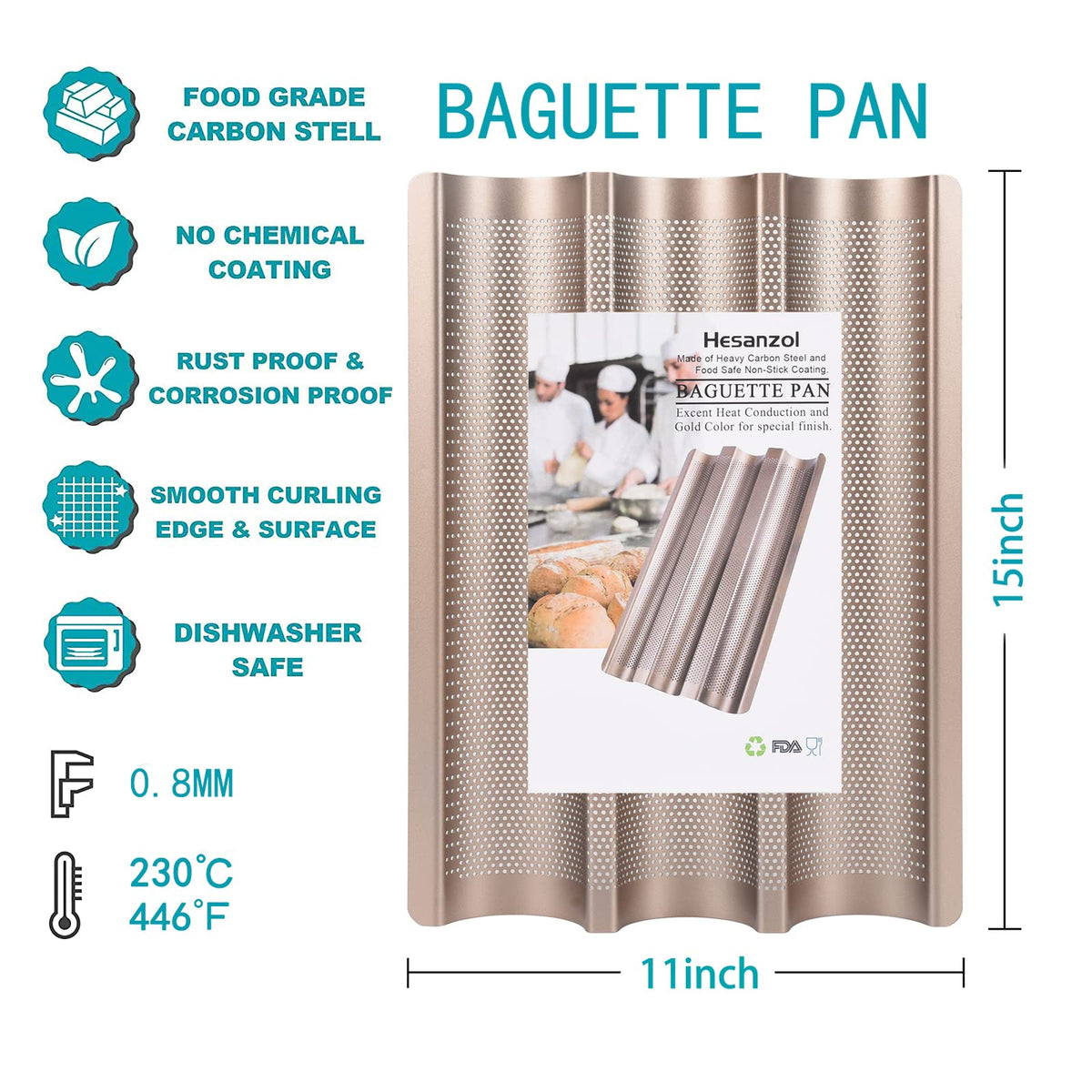 Hesanzol baguette pan perforated surface supports airflow for browning.