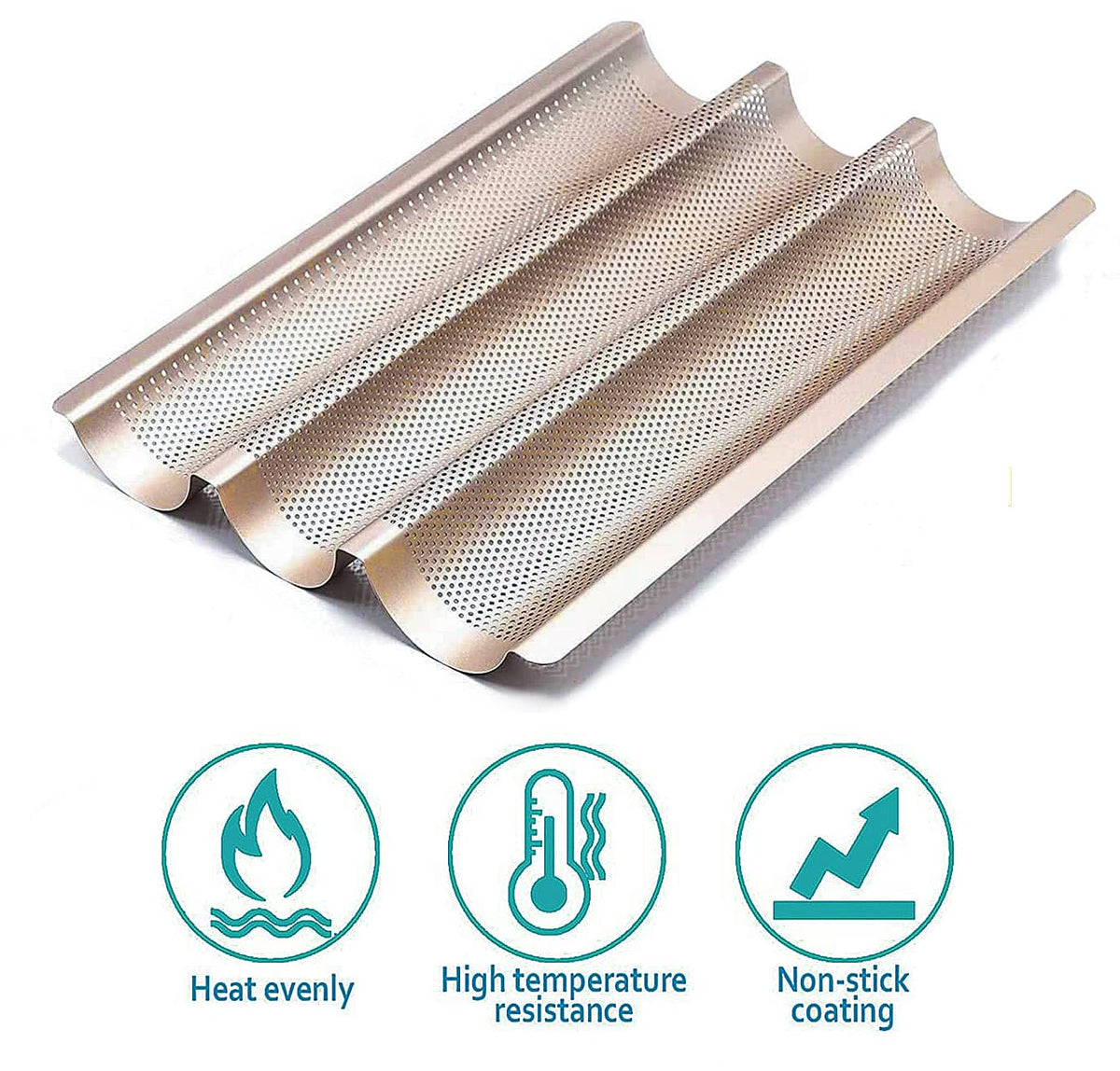 Hesanzol baguette pan top-down view showing perforated surface for airflow.