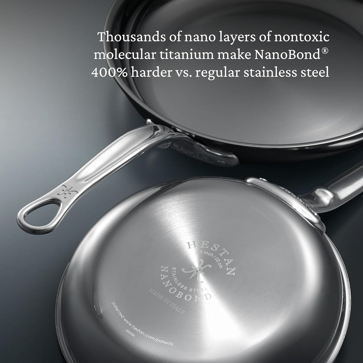Hestan NanoBond titanium surface close-up illustrating scratch-resistant finish