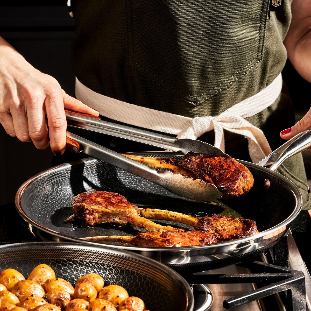 HexClad 10-inch pan on induction stove demonstrates even heating.
