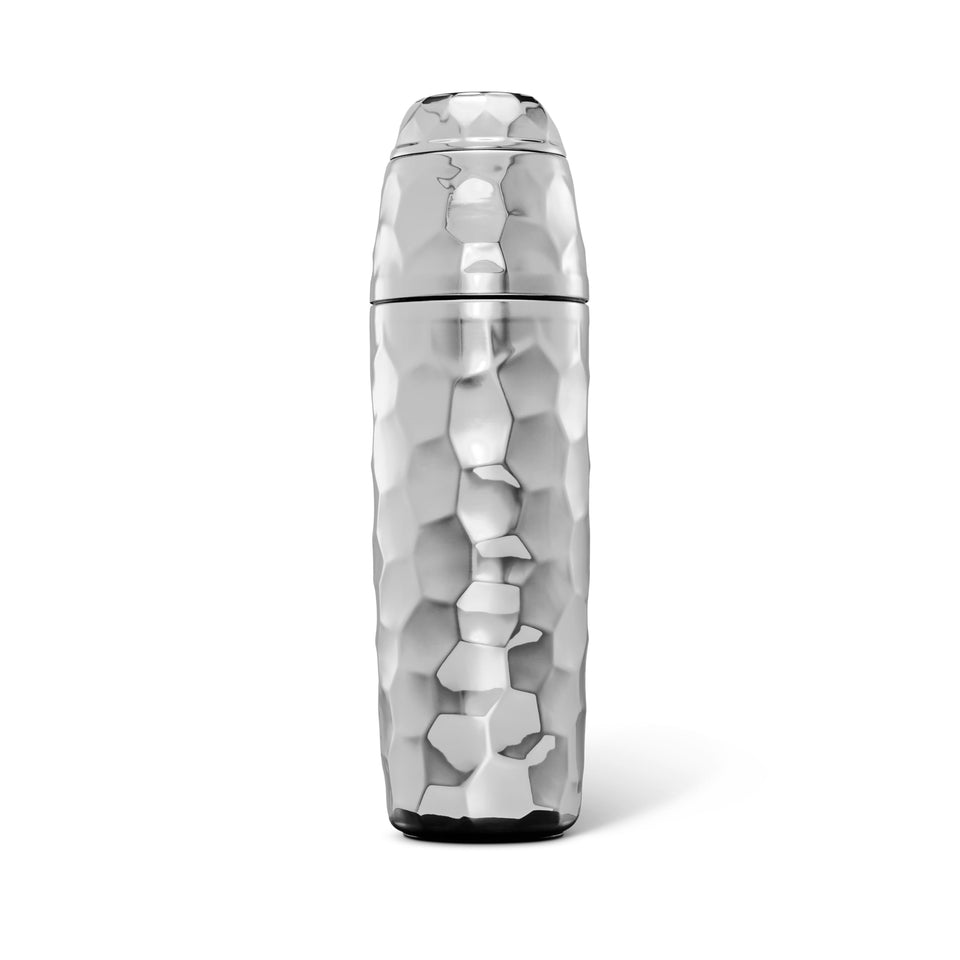 HexClad 25 oz cocktail shaker in chrome with built-in jigger and strainer for precise mixing.