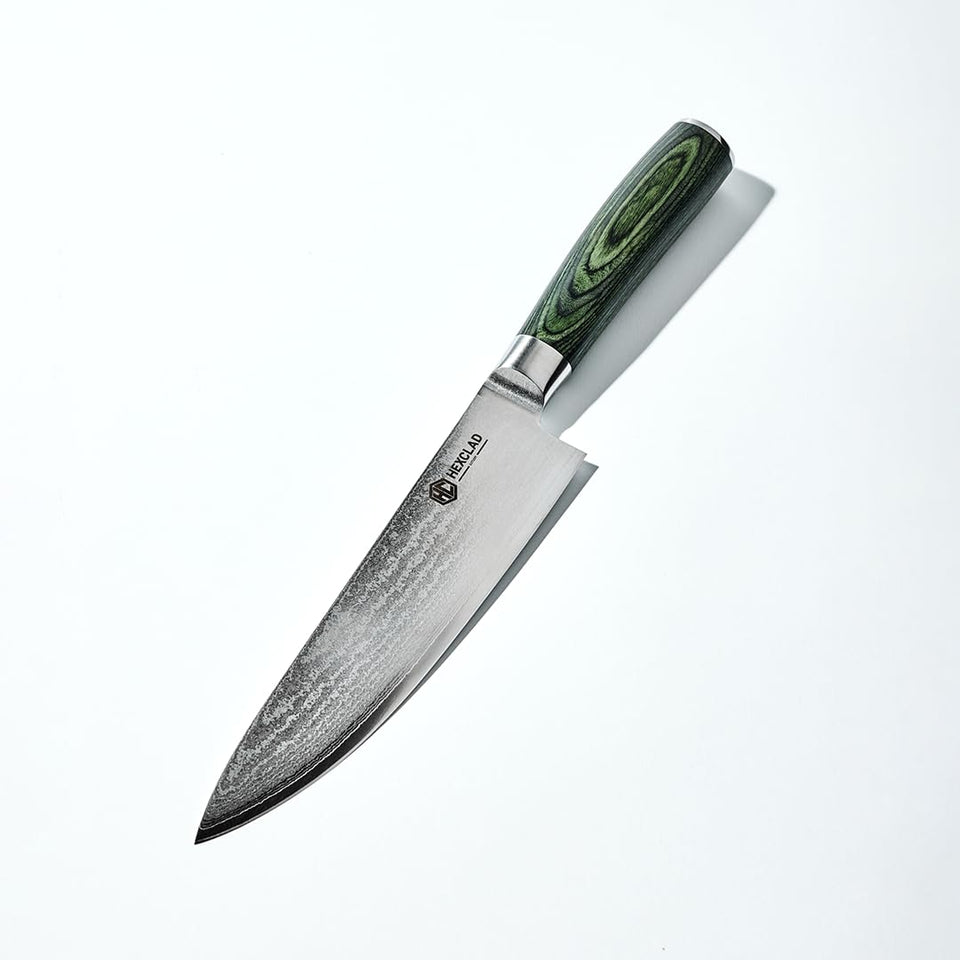 HexClad chef knife with 8-inch Damascus blade delivers precise, clean cuts for vegetables and proteins.