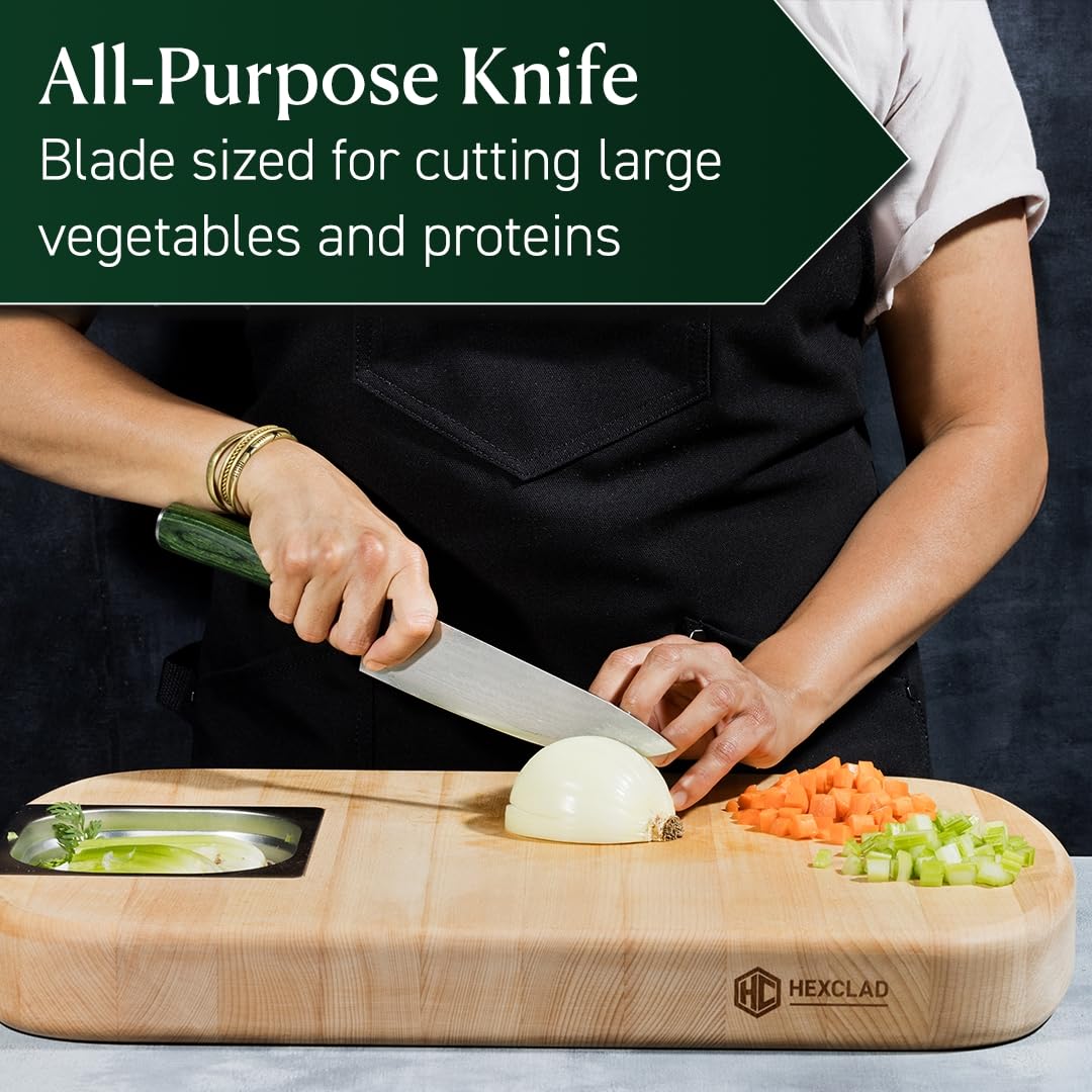 HexClad knife slicing vegetables image demonstrates effortless prep in daily cooking.