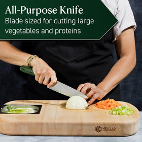 HexClad knife slicing vegetables image demonstrates effortless prep in daily cooking.