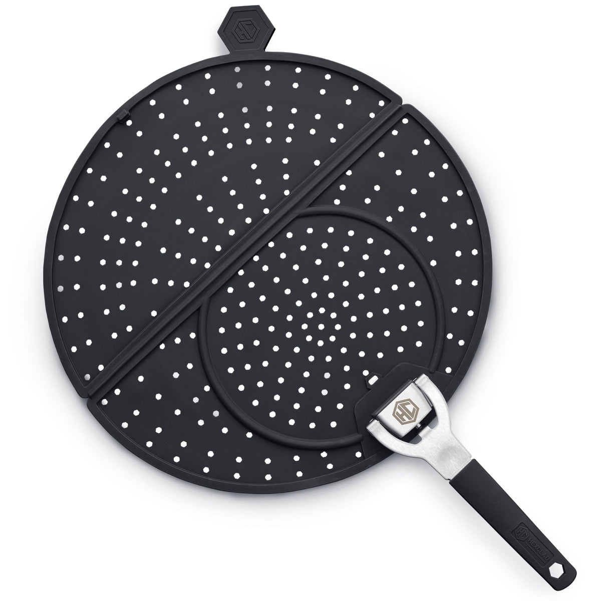 HexClad grease splatter screen folded design keeps oil contained while cooking