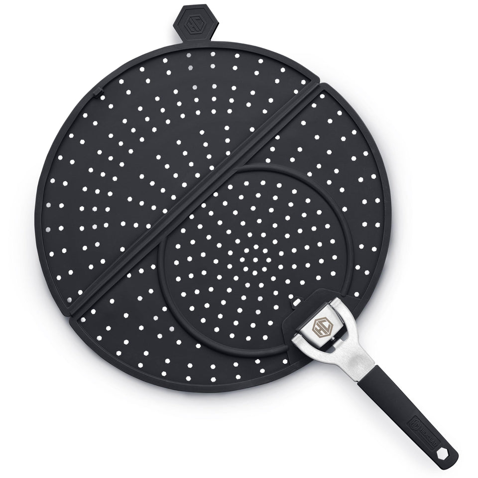 HexClad grease splatter screen folded design keeps oil contained while cooking