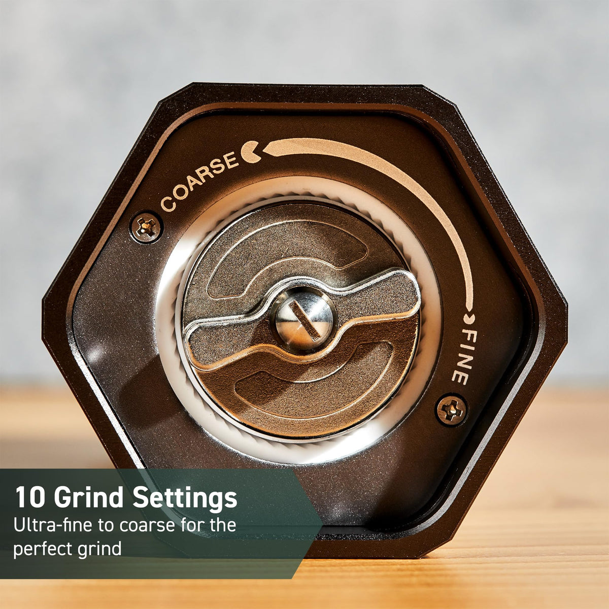 HexClad HexMill burr grinder mechanism close-up demonstrates consistent grinding performance.