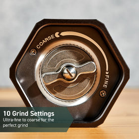 HexClad HexMill burr grinder mechanism close-up demonstrates consistent grinding performance.